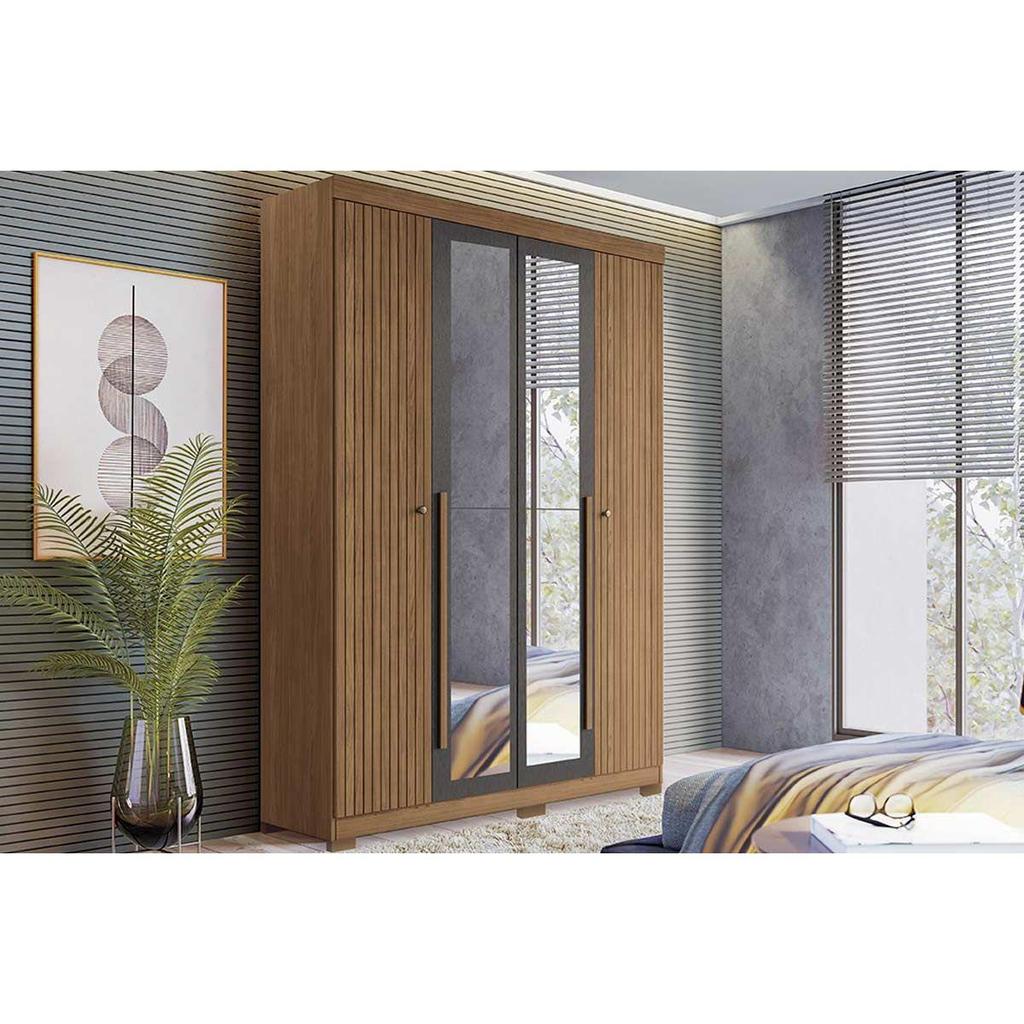 Guarda Roupa Solteiro 4 Portas e 2 Gavetas c/ Espelho e Pés Buriti Jatoba/Grafitte - Santos Andirá em Oferta na Shopee