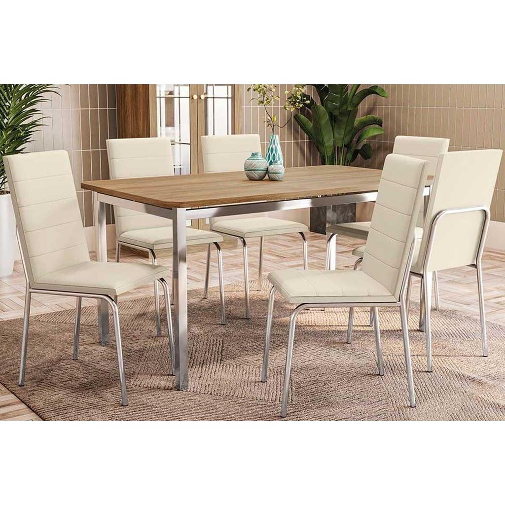 Sala de Jantar Completa Reno c/ Tampo de Madeira 160cm + 6 Cadeiras Amsterdã Cromada/Nude 16 - Kappesberg em Oferta na Shopee