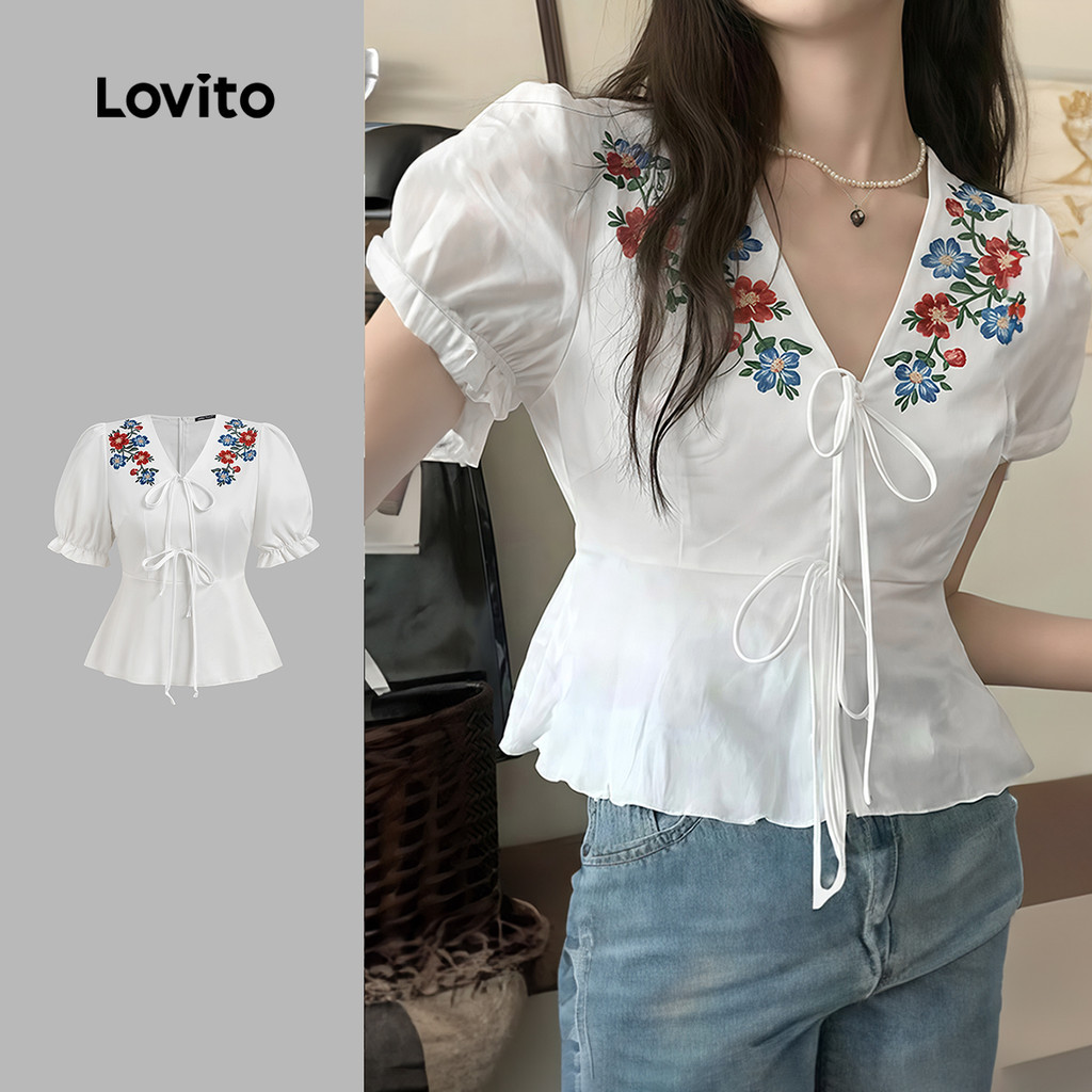 Lovito  Blusa Casual com Amarração e Babados para Primavera/verão Blusa Branca para Mulheres. L171ED216 em Oferta na Shopee