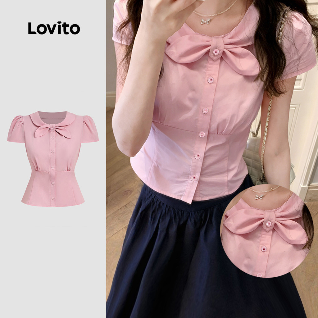 Lovito Blusa Casual com Laço e Botão Frontal para Primavera/verão Blusa Rosa para Mulheres L178ED231
