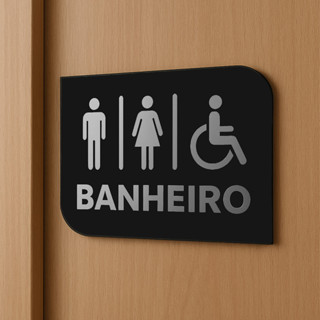 Placa de Sinalização para Banheiro Unissex e PCD em MDF Preto e Acrílico espelhado Prata em Oferta na Shopee