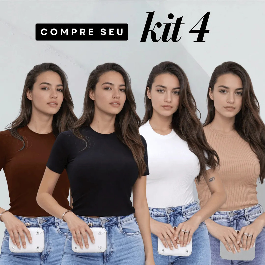 Kit 4 Blusas Feminina Ribana Baby Tee Básica Casual T Shirt Canelada