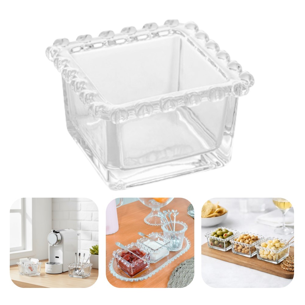 Mini Bowl de Vidro Molheira Porta Sachê Borda de Coração Cristal Quadrado 130ml 8cm Lyor