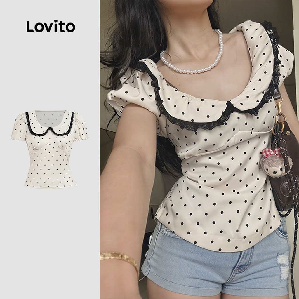 Lovito Camiseta Fofa de Renda Diário Escritório Férias E Viagens Primavera/verão Preta e Branca para Mulheres L173AD115 em Oferta na Shopee