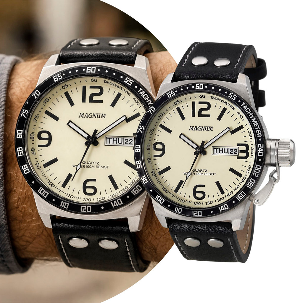 Relógio Masculino Pulso Preto e Bege Grande Robusto Pulseira de Couro à Prova D Água Luxo Casual Social Magnum Original