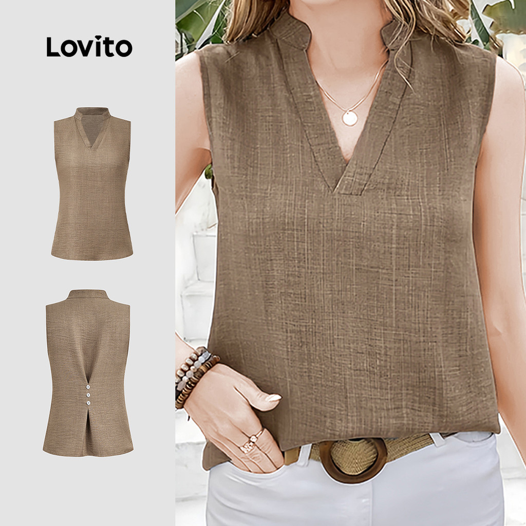 Lovito Blusa Casual Plicated com Botão Primavera/verão Caqui para Mulheres L154ED445 em Oferta na Shopee