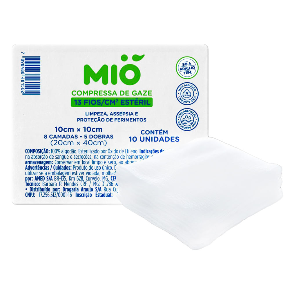 Compressas de Gaze Mió 13 Fios Estéril 10cm X 10cm com 10 Unidades em Oferta na Shopee
