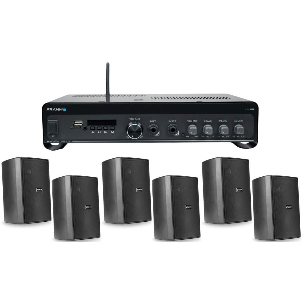 Kit Som Ambiente Amplificador Slim  3200 + 3 Pares de Caixas de Som PS 200 Comércio Bar Loja Salão