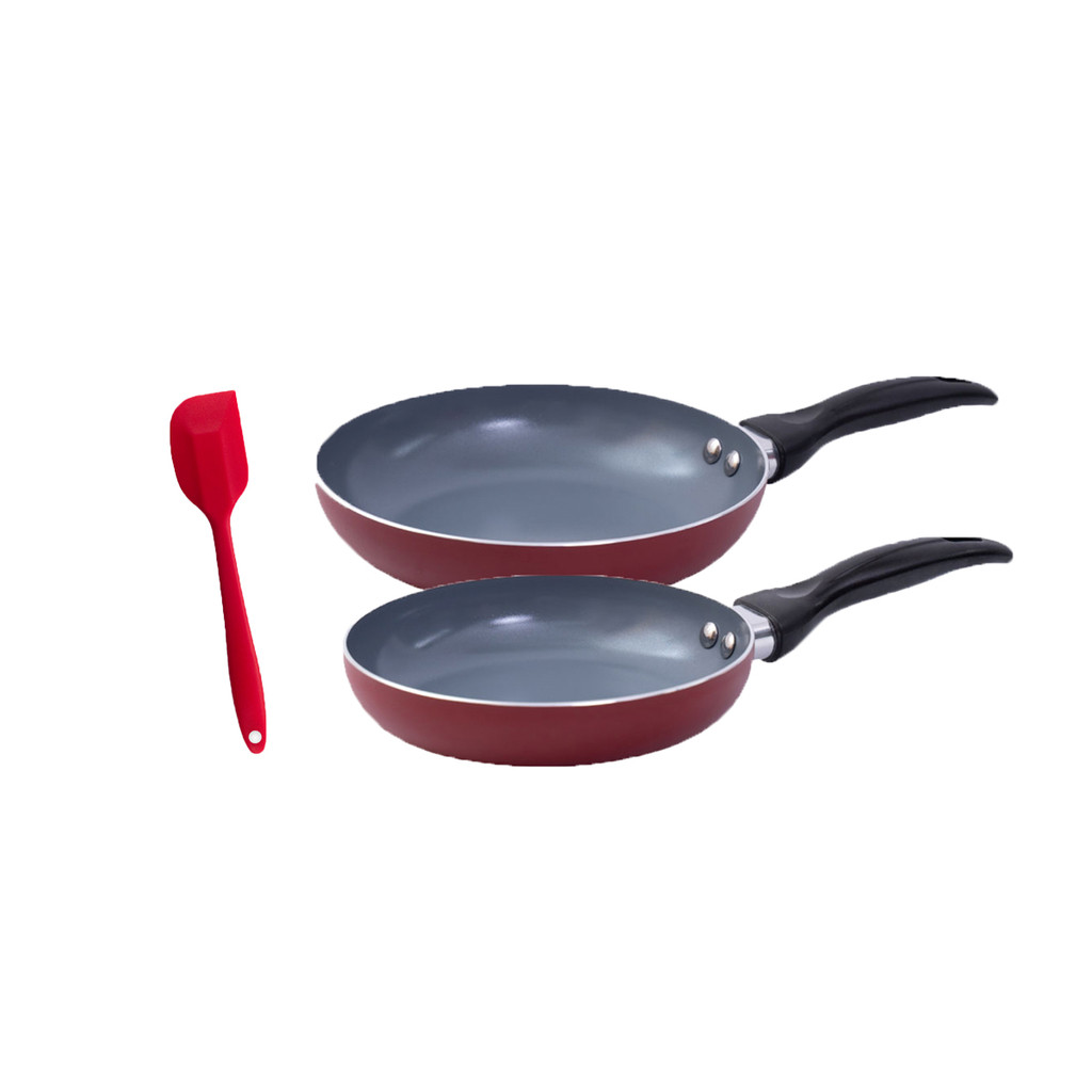 Jogo de frigideiras antiaderente e espátula de silicone vermelho - Oikos