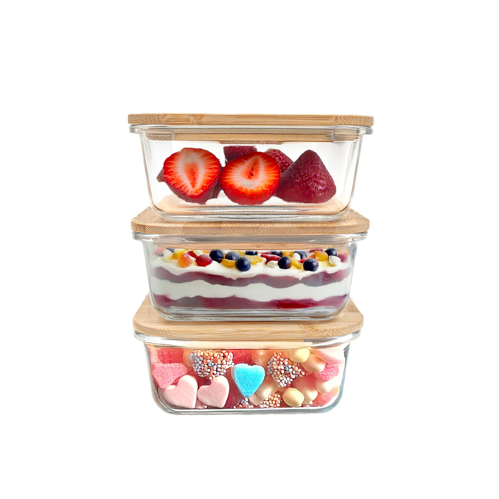 kit 3 potes de vidro 740ml com tampa de bambu hermético marmita quadrados - Tud
