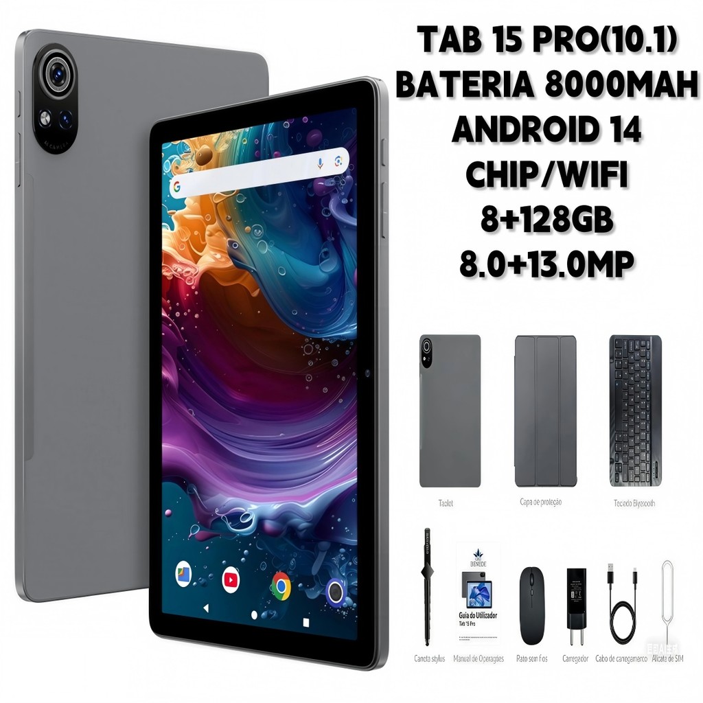 Tablet 15 PRO Wifi com chip 10.1 8000mah Android 14, Teclado+Mouse 8GB RAM 128GB Câmera Bluetooth em Oferta na Shopee