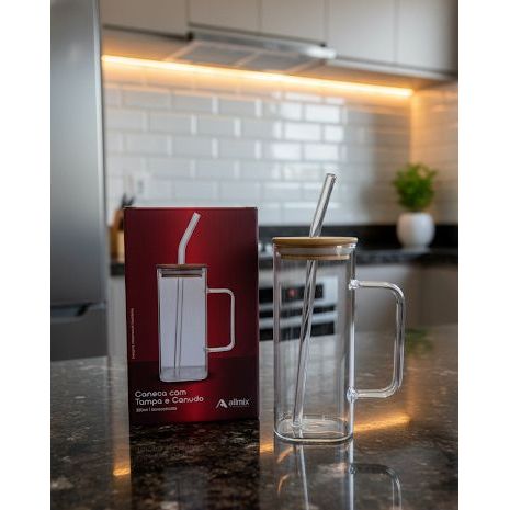 Caneca Copo de Vidro Quadrada com Tampa em Bambu e Canudo de Vidro 380 ml Drink em Oferta na Shopee