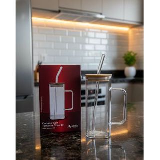 Caneca Copo de Vidro Quadrada com Tampa em Bambu e Canudo de Vidro 380 ml Drink em Oferta na Shopee