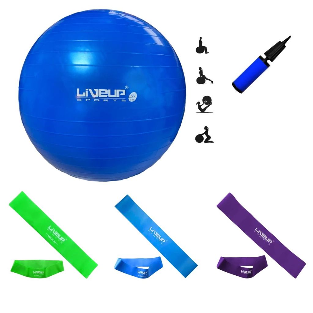 Kit 3 Mini Bands + Bola Suíça 65cm + Mini Bomba Exercícios Funcionais e Yoga
