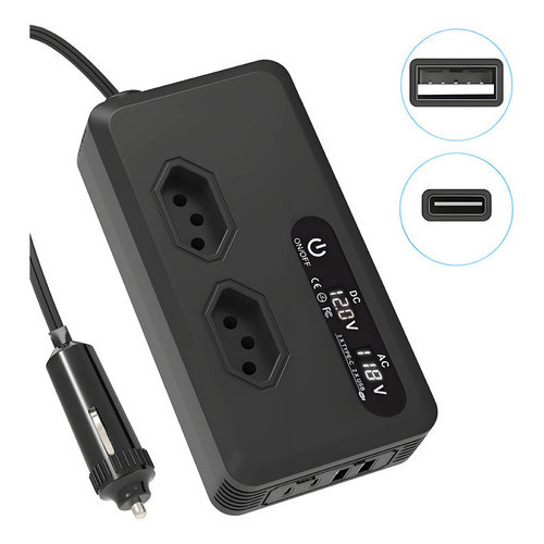 Inversor para Carro 12v 110v - 220v Veicular 200w 2 USB 2 Type-C Conversor de Voltagem em Oferta na Shopee