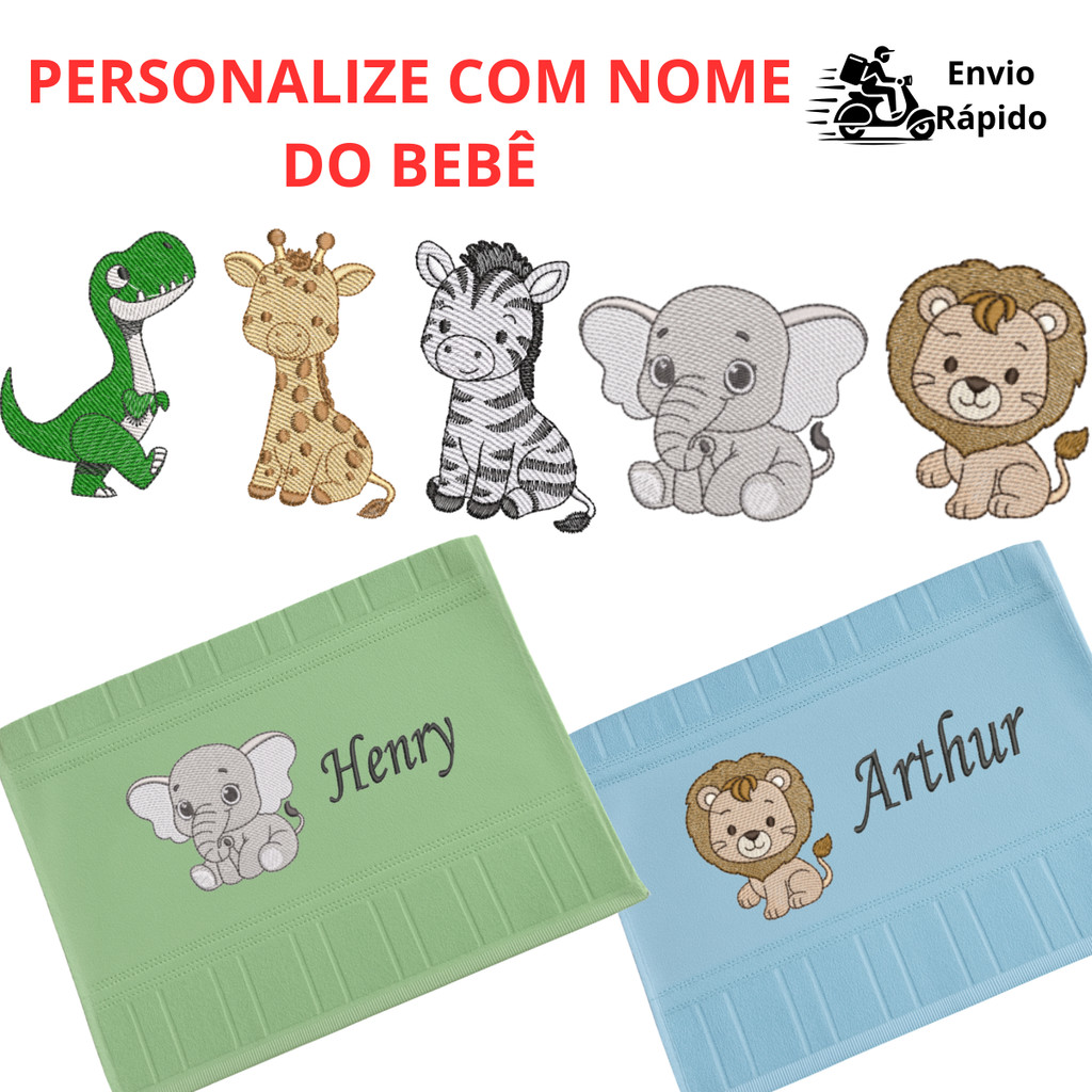 Toalha de Boca Bebê Bordada Nome Personalizado Safari Leão Girafa Elefante Creche Algodão em Oferta na Shopee