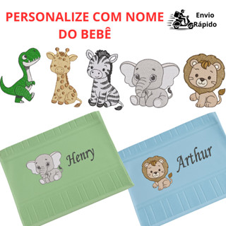 Toalha de Boca Bebê Bordada Nome Personalizado Safari Leão Girafa Elefante Creche Algodão em Oferta na Shopee