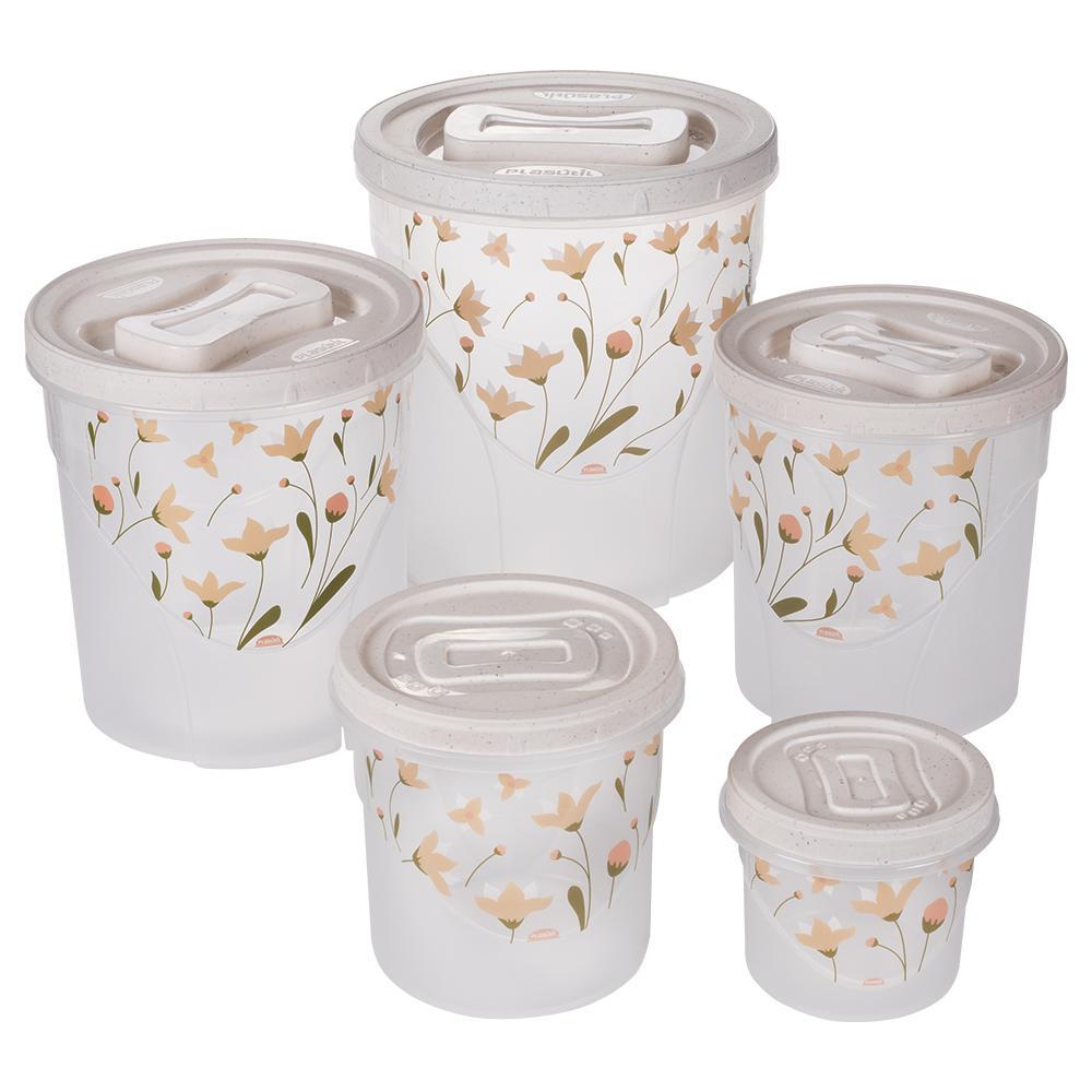 Kit 5 Potes Porta Mantimentos Redondo Branco Floral Plasútil em Oferta na Shopee