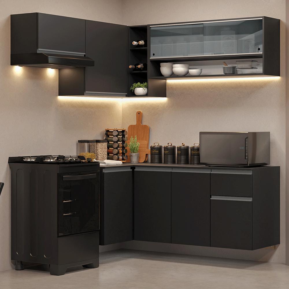 Armário de Cozinha Completa de Canto Suspenso 325 cm Preto Nice Madesa 02