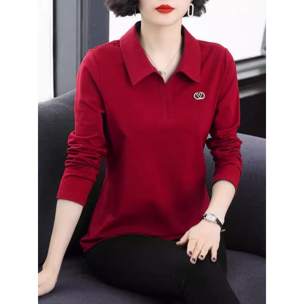 Camiseta de cor sólida feminina lapela manga comprida camiseta feminina solta primavera outono estilo ocidental redução 