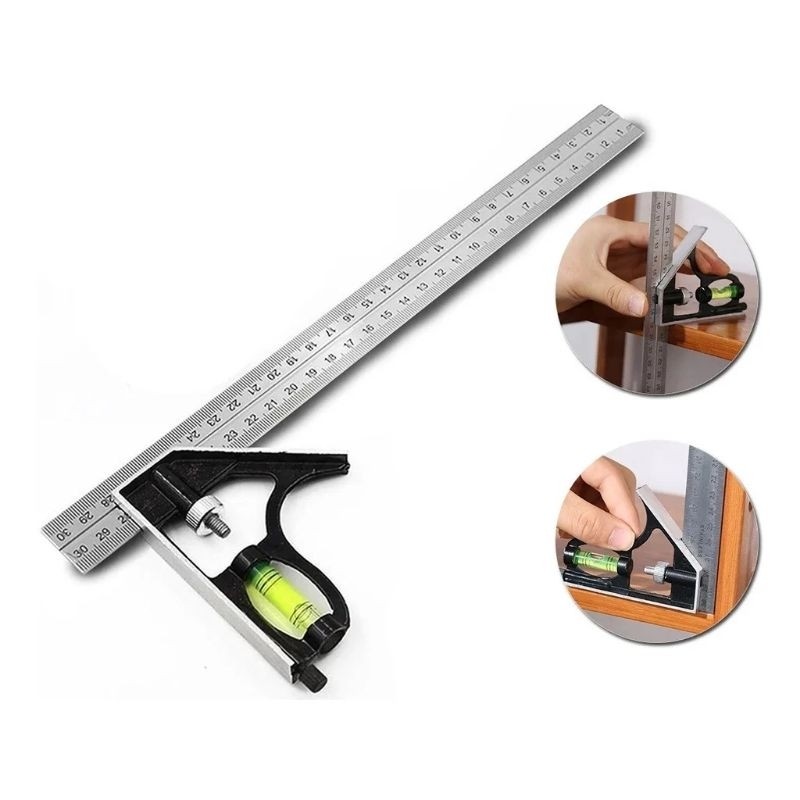 Esquadro Combinado Inox 30cm 12" Com Nível E Régua Milimetrada Profissional Carpintaria Marcenaria