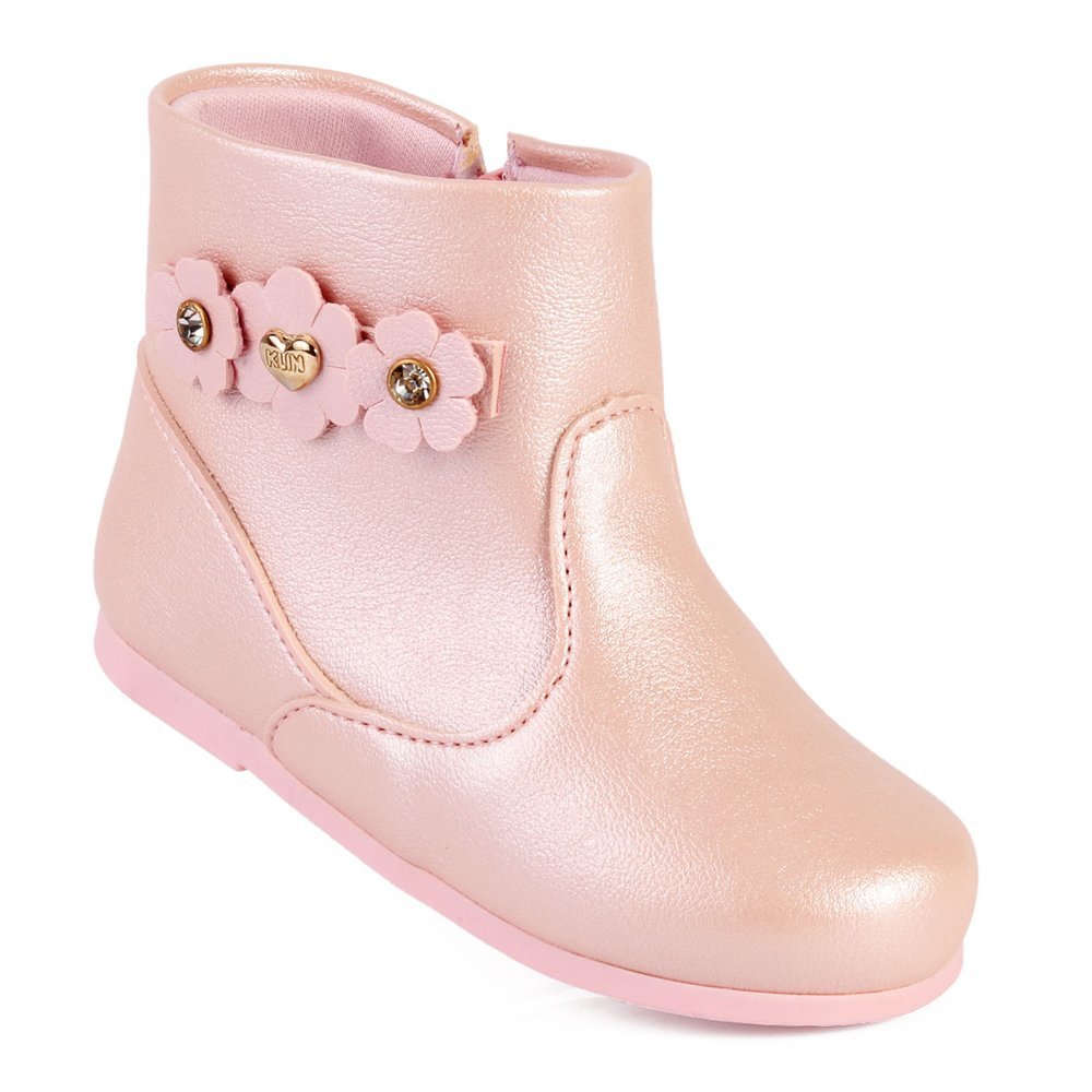 Bota Infantil Menina Klin Miss Rosa Perolada com Flores e Zíper Lateral