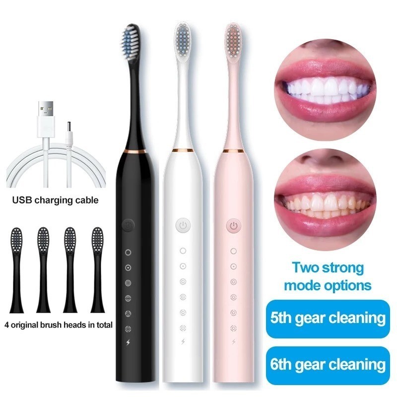 Escova Dental Elétrica Recarregável USB  6 Níveis de Velocidade  À Prova D'água  4 Cabeças de Reposição