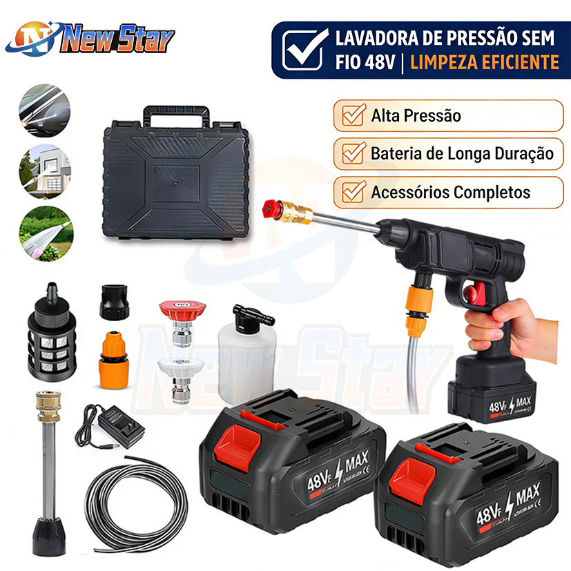 New Star Lavadora Lava Jato Portátil Alta Pressão Com 2 Baterias + Maleta Completo Compacta e Potente