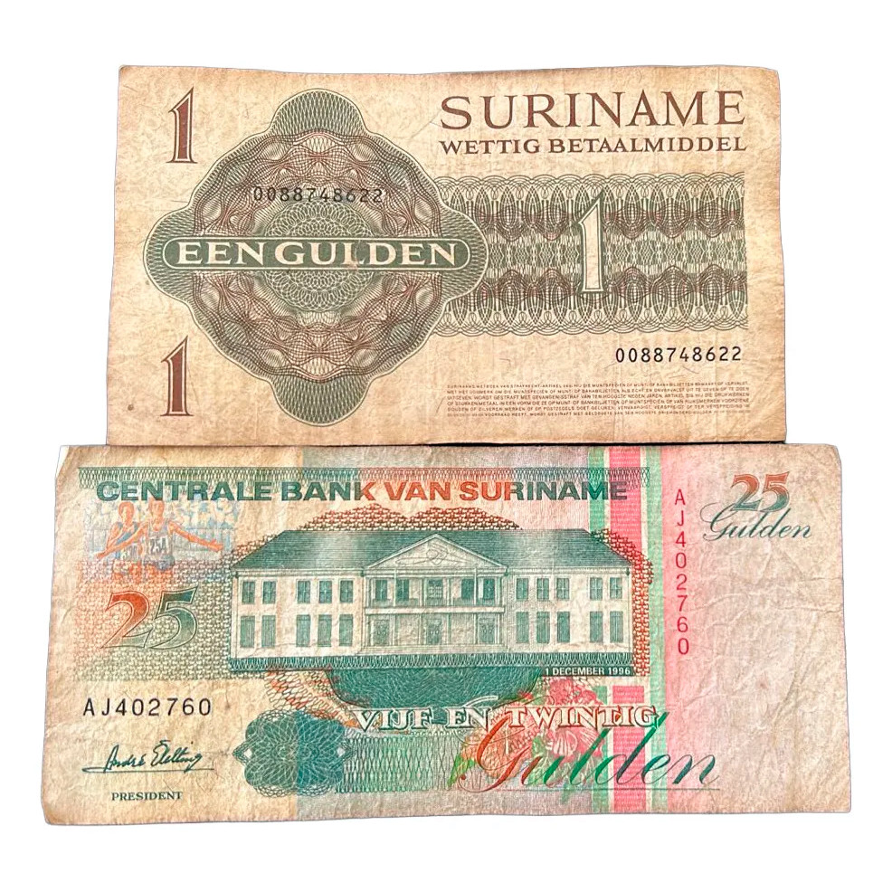 2 Cédulas Antigas Do Suriname De 1 E 25 Gulden Bc / Mbc