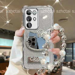 Capa Para Realme C85 , C85 Pro Quatro Cantos De Telefone À Prova De Choque 3D Bonito Diamante Gato Espelho De Maquiagem
