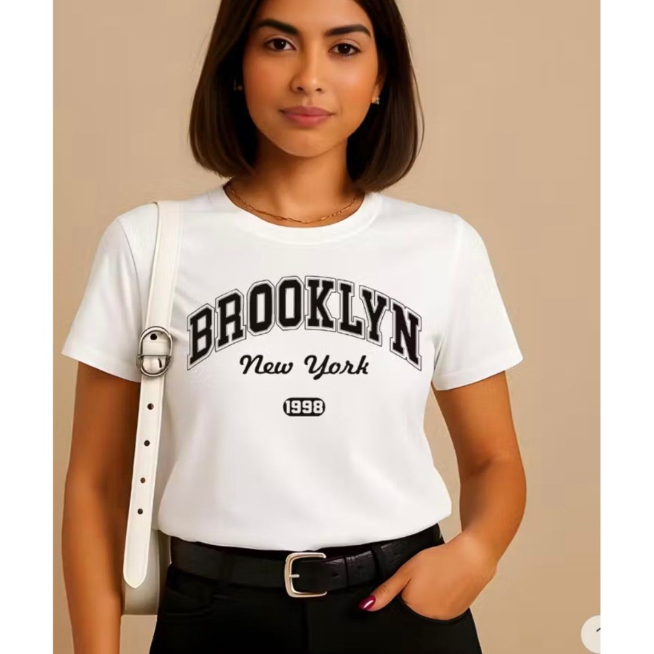 Camiseta Feminina Algodão Estampa Brooklyn New York Casual Slim Confortável
