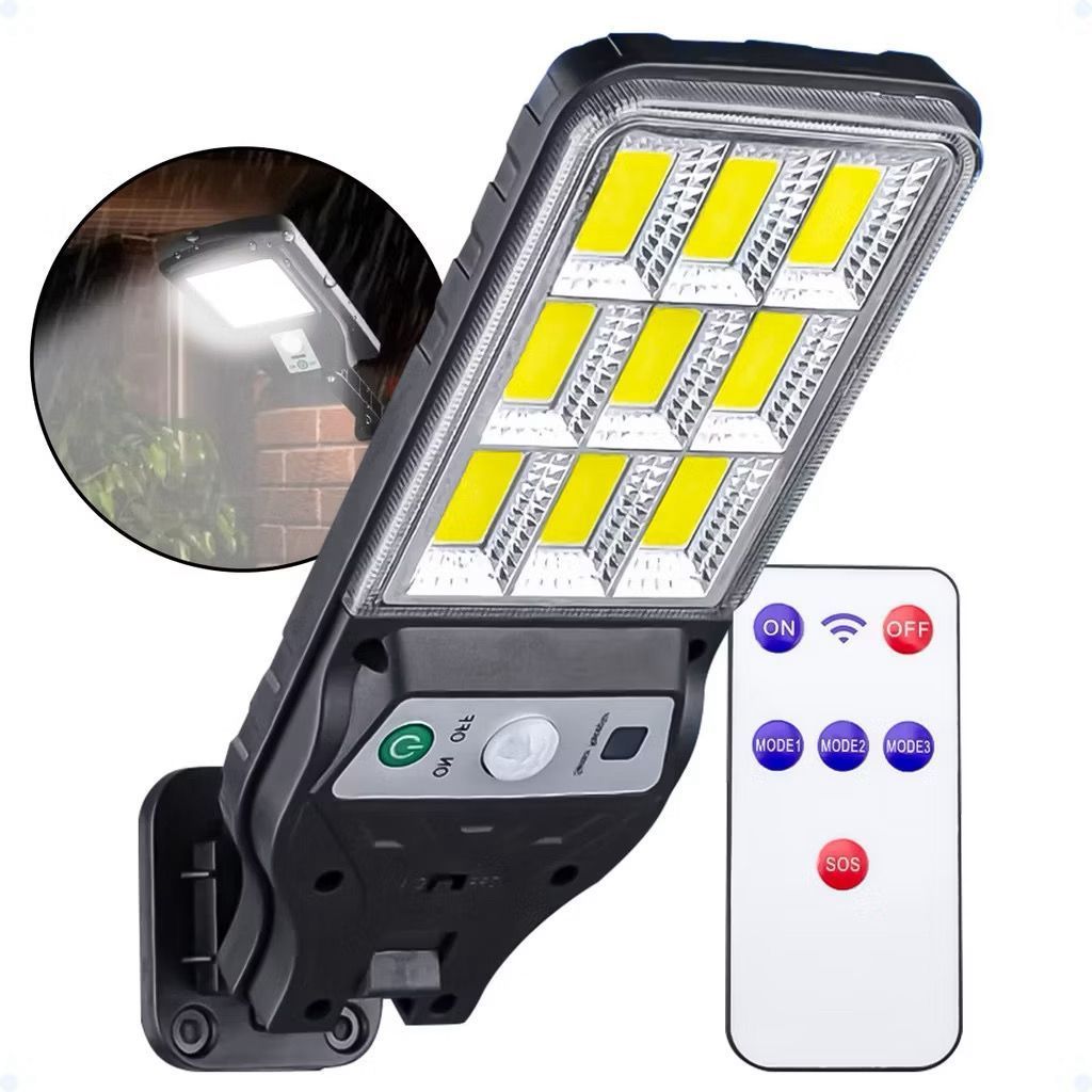 Luminária Solar 9 Led Parede Poste Solar COB LED Sensor de Movimento Controle Remoto Luz Branco À Prova