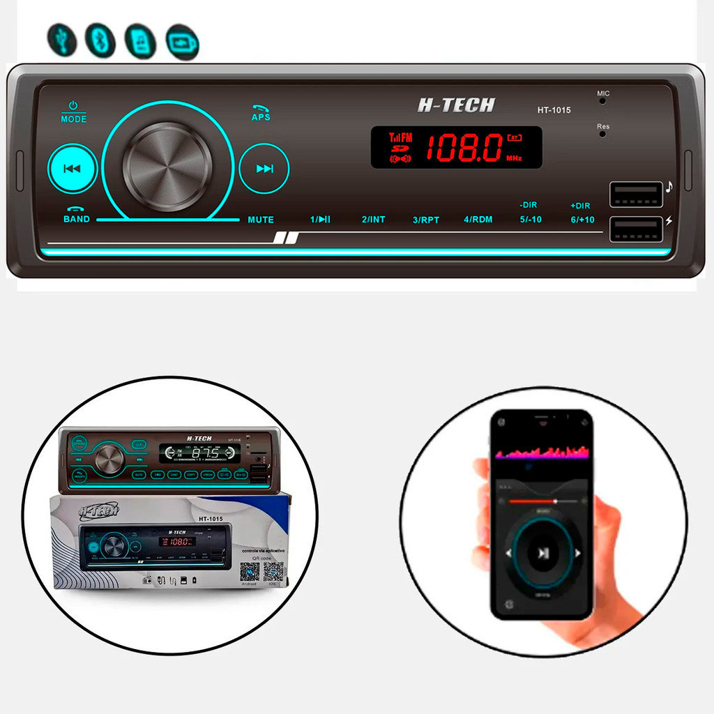 Rádio Automotivo Bluetooth H-Tech USB SD AUX 4x25W RMS MP3 Player Carro 1 Din em Oferta na Shopee