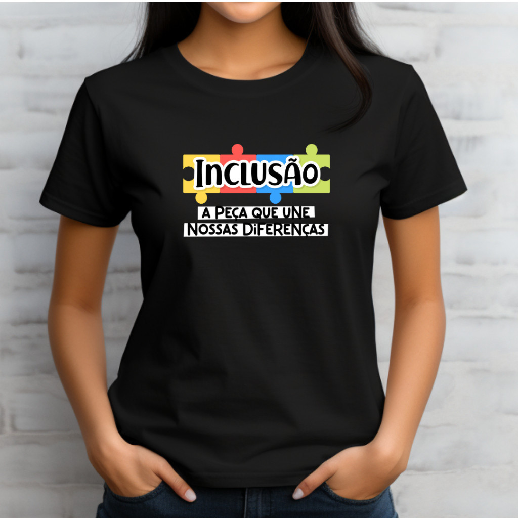 Camiseta Babylook Plus Size Preta Azul Rosa Professora Uniforme Educação Infantil Inclusiva Inclusão