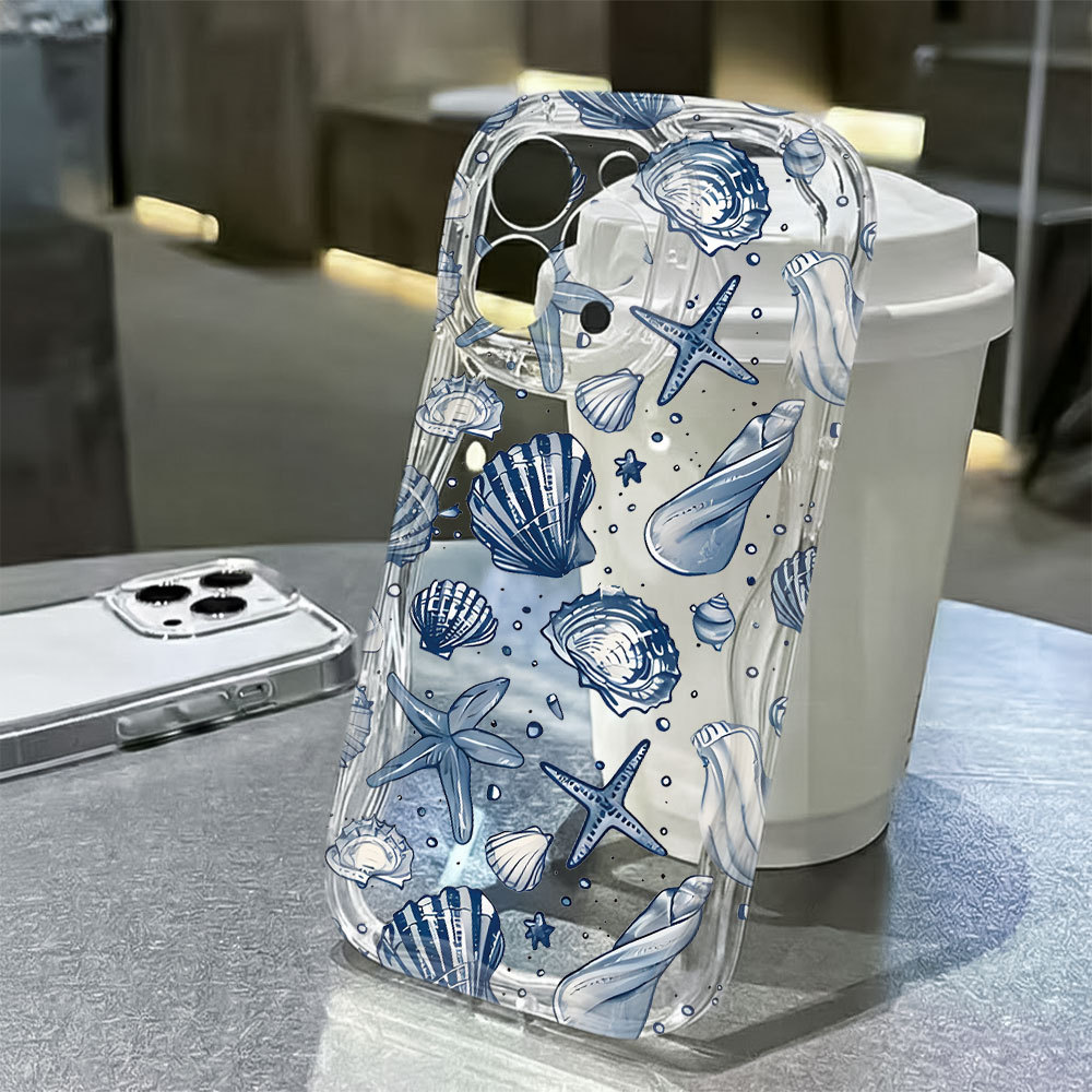 Capa Azul Concha Mar Capinha Para iPhone 17 Ar 16 15 14 Plus 13 12 11 Pro Max XR Silicone Transparente FA004