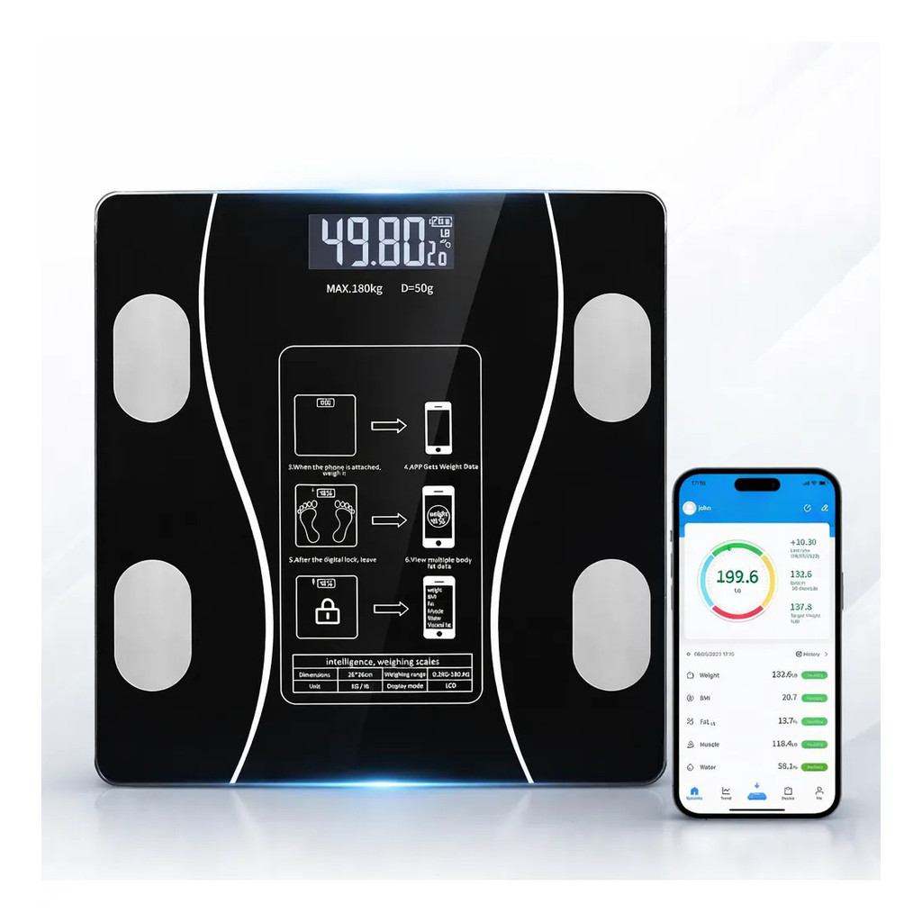 Balança Digital Inteligente Bioimpedância 180kg IMC Gordura Corporal Bluetooth App Fitness Saúde
