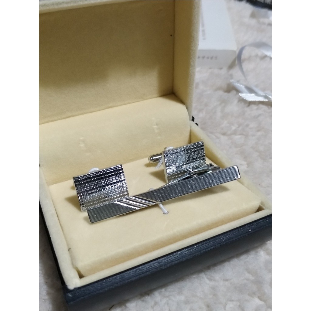 Kit Clips de Gravata + Abotoaduras de Terno Retângulo Prata para Camisa Social Masculina