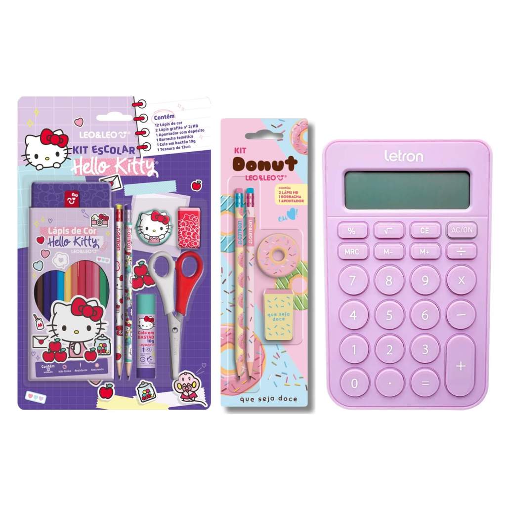 Kit Material Escolar Hello Kitty e Donuts + Calculadora Lilás