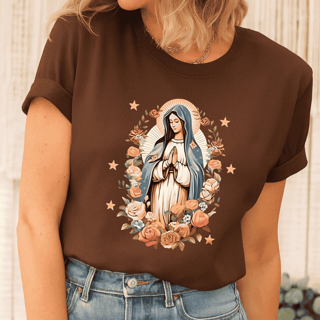 Camiseta Virgem Maria Feminina Religiosa Algodão Premium Estampa Exclusiva em Oferta na Shopee