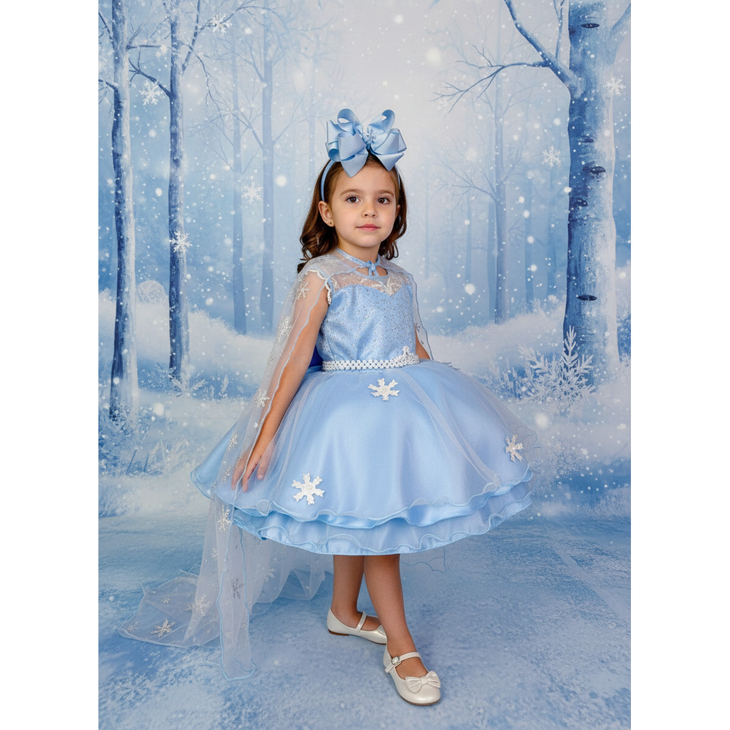 Vestido Infantil Azul Elsa Frozen Gelo Com Capa Luxo Festas