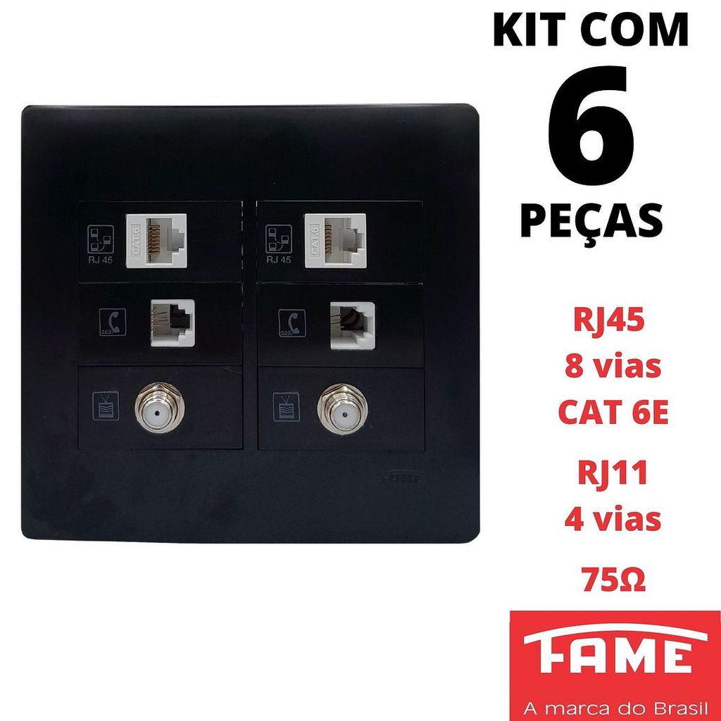 6un Tomada Voz Dados e Imagem RJ11 4 Vias RJ45 CAT 6E 8 Vias e Antena Coaxial 4X4 Com Placa Habitat Black Preto FAME