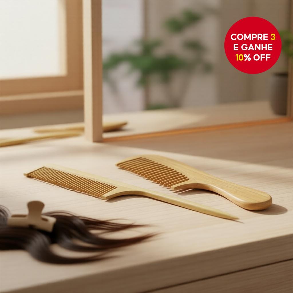 2pcs pente de cabelo natural de bambu anti-estático - pente de dentes largos e pente de dentes finos com cauda