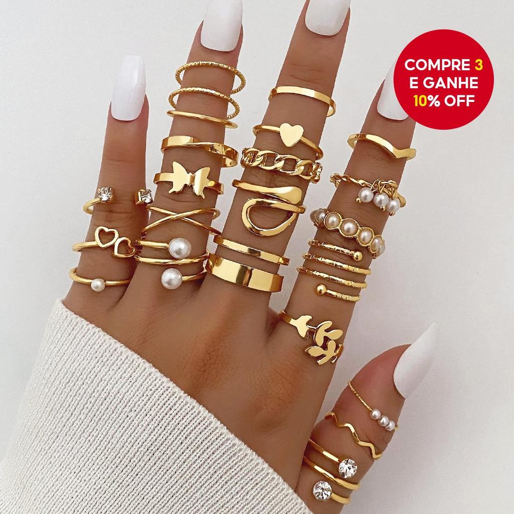Conjunto de Anéis Twist Pérola com 22 Peças, Joia Empilhável Elegante para Mulheres em Oferta na Shopee