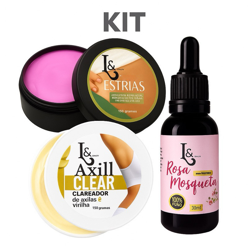 Kit Clareador para Axilas e Virilhas + Creme para Estrias + Óleo de Rosa Mosqueta 100% Puro – Dusk Cosméticos