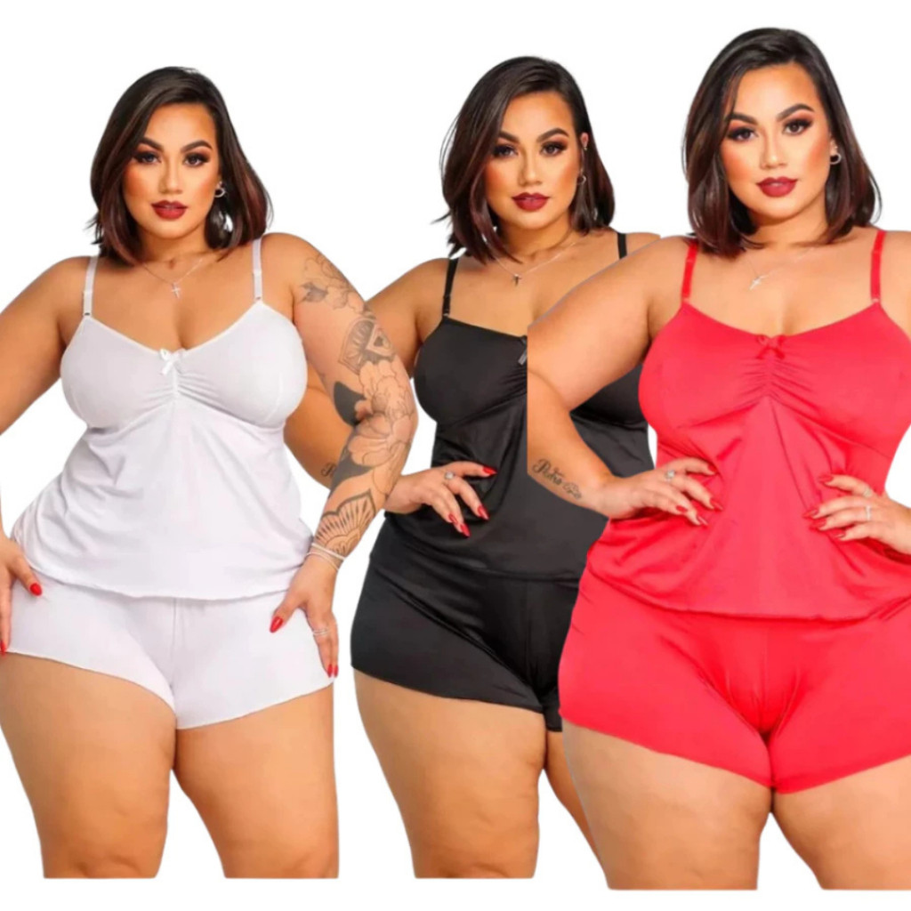 Kit 6 peças  Baby Doll Plus Size Feminino LISOS - 3 blusas e 3 bermudas  – Conjunto Short Doll ,  Confortável