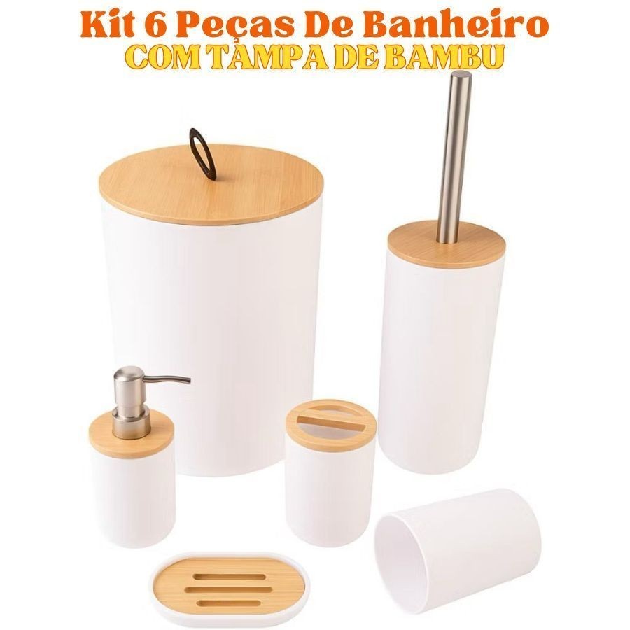 Kit 6 Peças De Banheiro Bambu Saboneteira Escova Sanitária Porta Escova Porta Sabonete Liquido Lixo