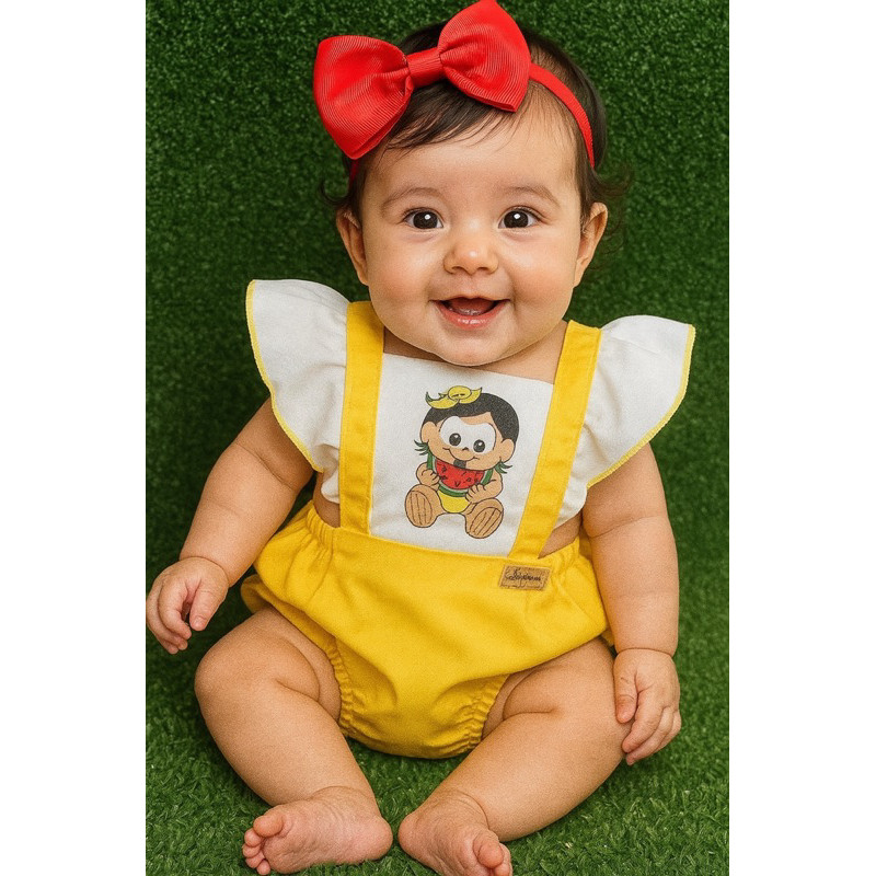 Romper Jardineira Bebê Menina Fantasia Magali amarelo Temático personagem turma da Mônica Mesversário melancia  com Laço