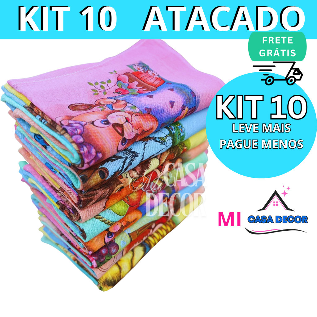 10 Panos de Prato Grande Coloridos Copa  Pano  Estampas Variados Guardanapo Bainha Kit  33 x 60 Cm