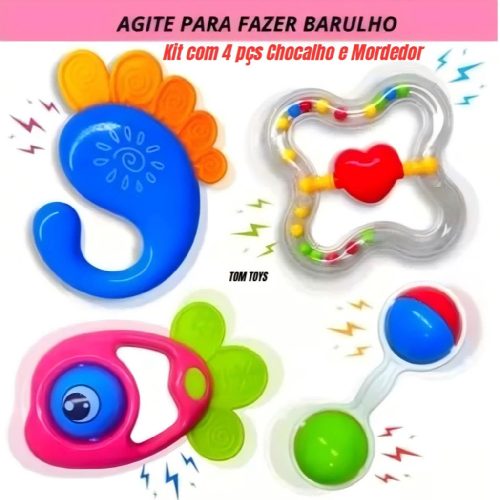 Brinquedos Para Bebê Kit com 4 pçs Mordedor + Chocalho Colorido em Oferta na Shopee