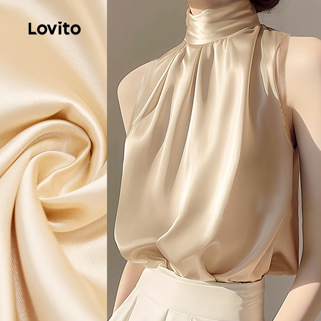 Lovito Top Elegante, Liso, Plissado, Verão/primavera, Regata Feminina L132ED025 em Oferta na Shopee